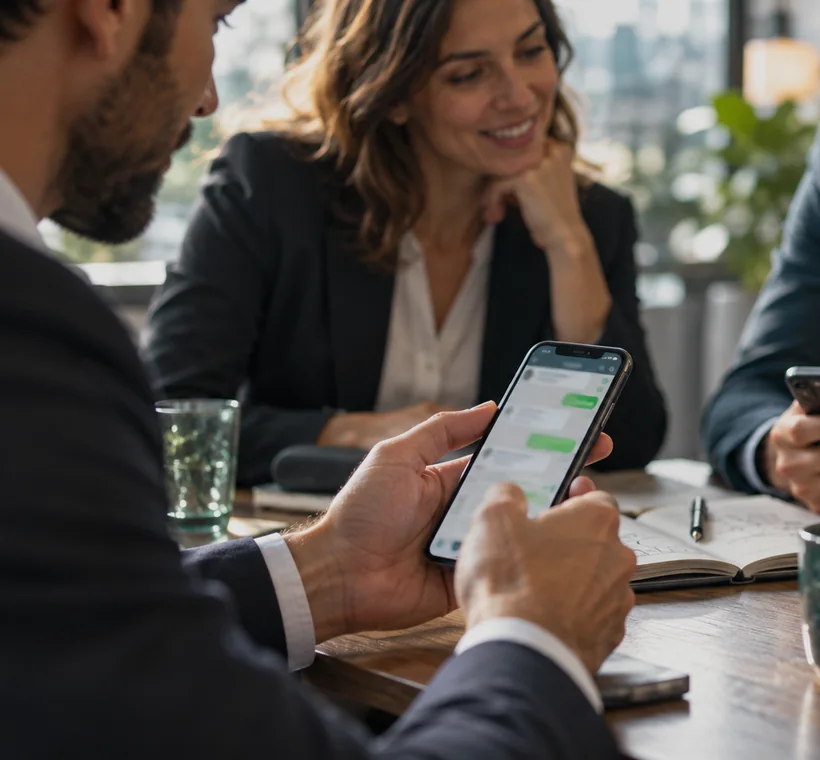 Pessoas consultando informações no celular durante uma conversa