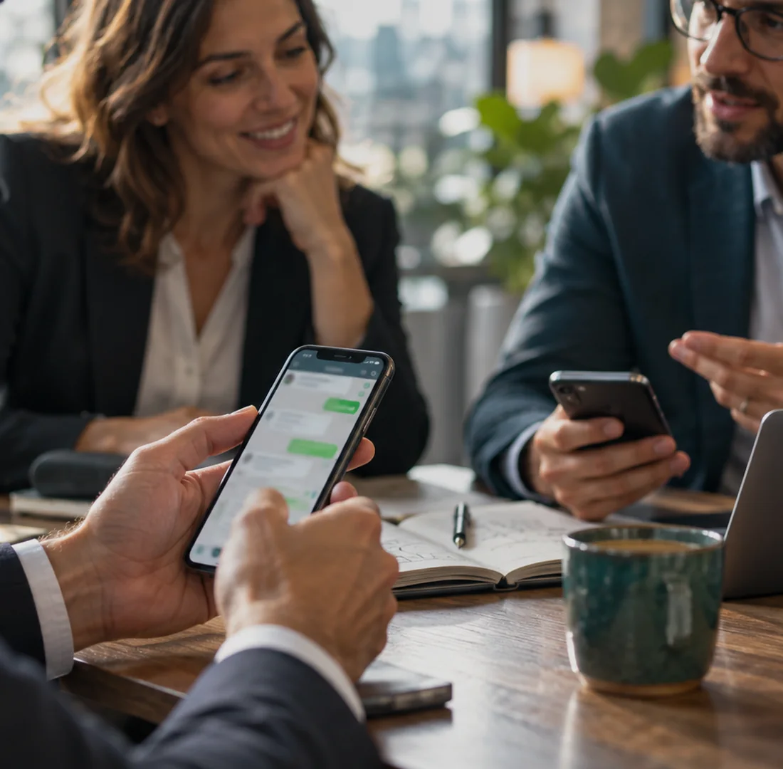 Equipe reunida com celulares e computador durante uma conversa de trabalho